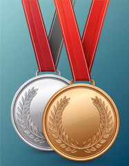 silver and bronze blank medals 3d vector realistic illustration