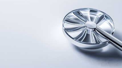 Close-up shot of a modern electric fan with sleek metal blades, positioned at an angle on a pure white background, highlighting minimalist design--style raw