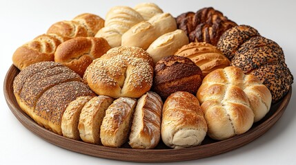 Fototapeta premium Assorted Freshly Baked Bread Rolls on a Round Wooden Platter Showcasing a Variety of Textures and Colors, Ideal for Bakery and Culinary Promotions