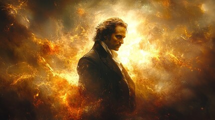 Naklejka premium Here's a 10-word description: Fiery, dramatic portrait of a man