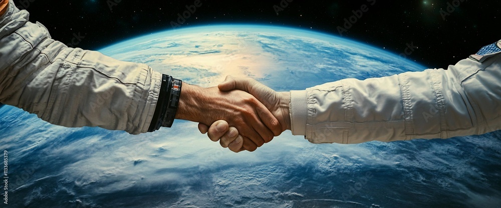 Poster astronauts shaking hands in space with earth in the background.