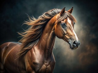 Obraz premium Captivating tilt-shift horse portrait, dark backdrop, equestrian artistry at its finest.