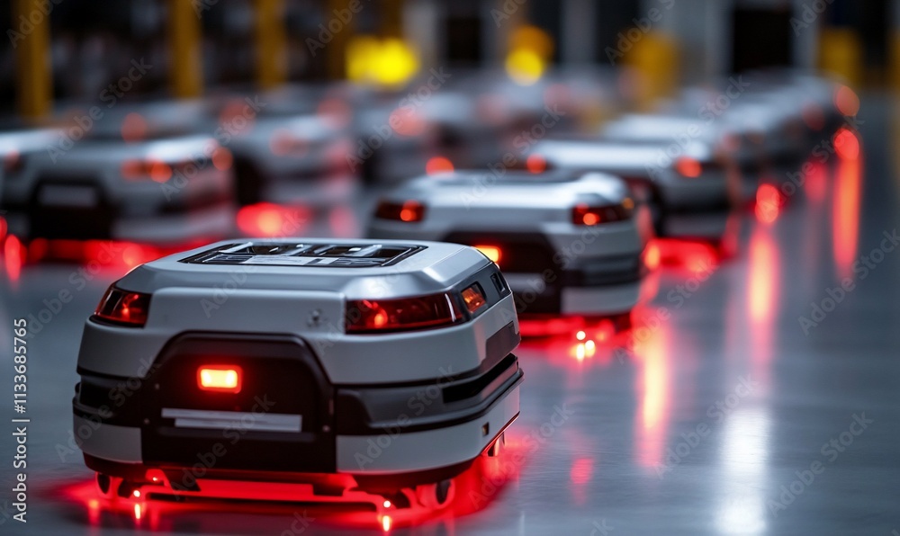 Aufkleber Automated robots with red lights navigating a warehouse environment.