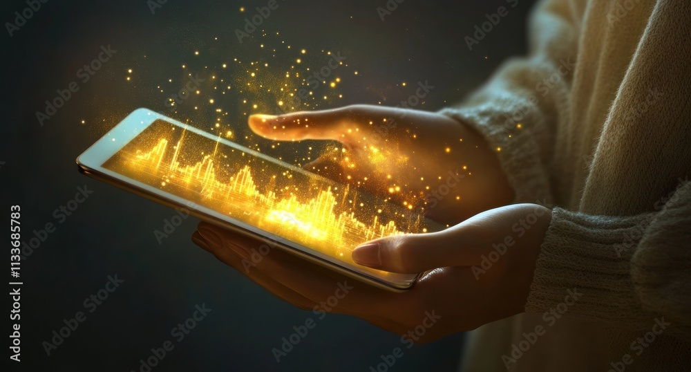 Poster Hands holding tablet displaying fiery data.