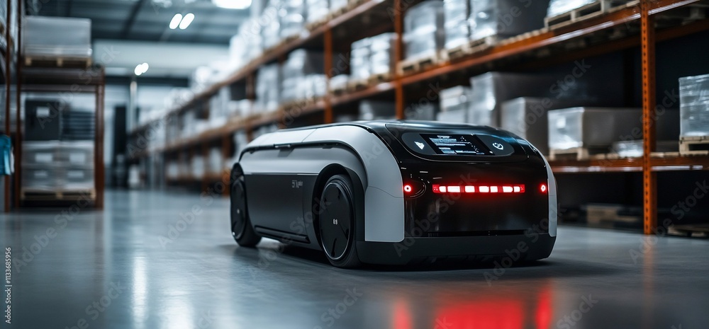 Leinwandbilder Autonomous robot navigating a warehouse aisle for efficient logistics.