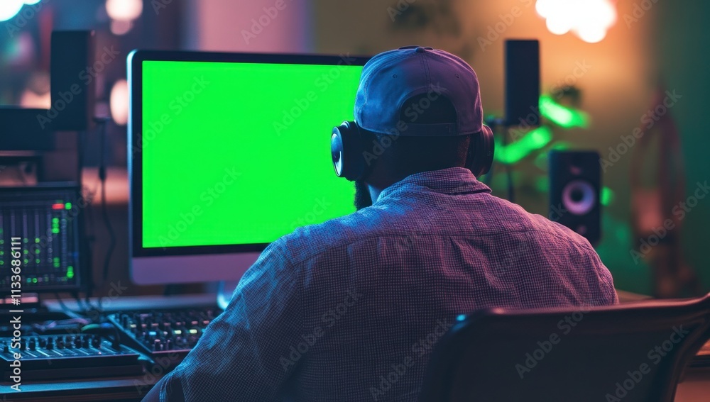 Poster Man with headphones using computer with green screen.