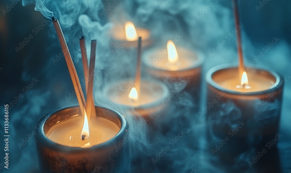 Poster flickering candles surrounded by soft smoke create a serene atmosphere.