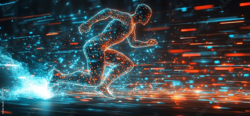 Poster digital representation of a runner amidst vibrant motion effects.