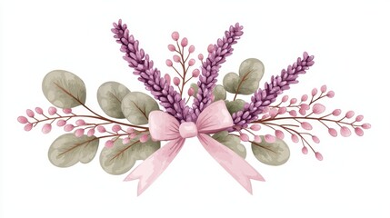 Delicate hand-drawn vector bouquet with lavender and eucalyptus, soft greens and purples, isolated on white, calm and refreshing look