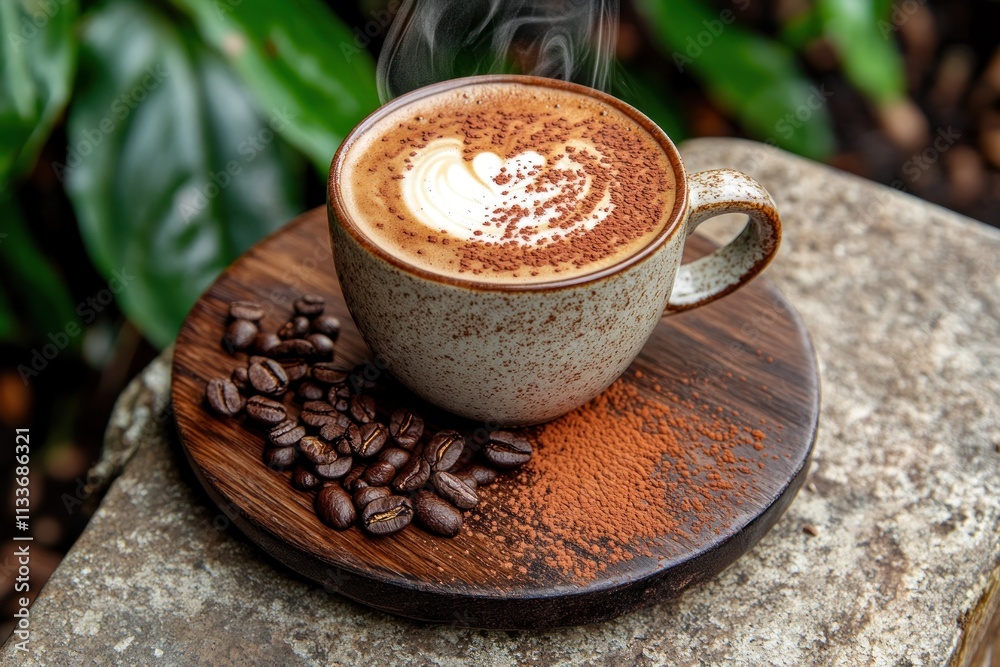 Poster steaming cappuccino with latte art in a rustic cup, served on a wooden coaster with coffee beans and