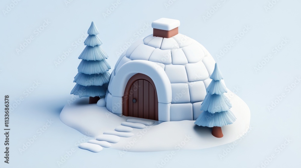 Poster Cartoon igloo with trees and steps on snow.