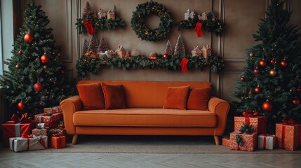 Cozy living room decorated for Christmas. Warm orange sofa surrounded by presents. Two Christmas trees add festive cheer to room. Wreath, decorations embellish wall creating welcoming atmosphere.