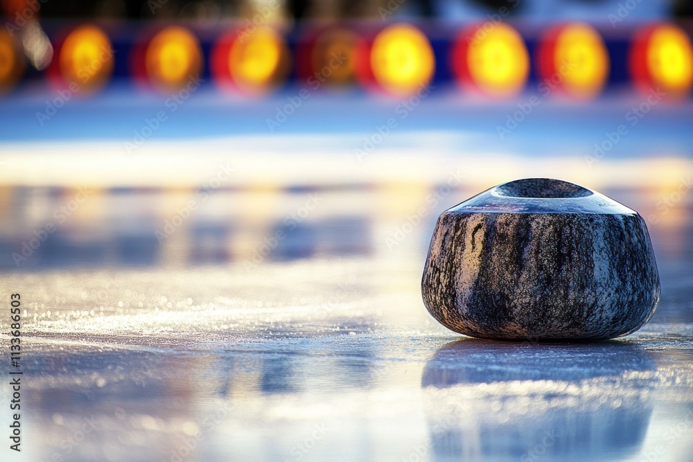 Poster close-up of a curling stone on ice rink, blurred background shows colorful targets.
