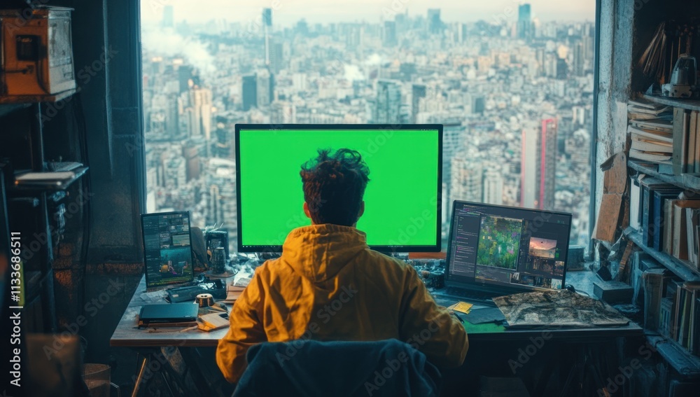 Aufkleber person sits at desk facing large window overlooking city skyline, working on computer with green scr
