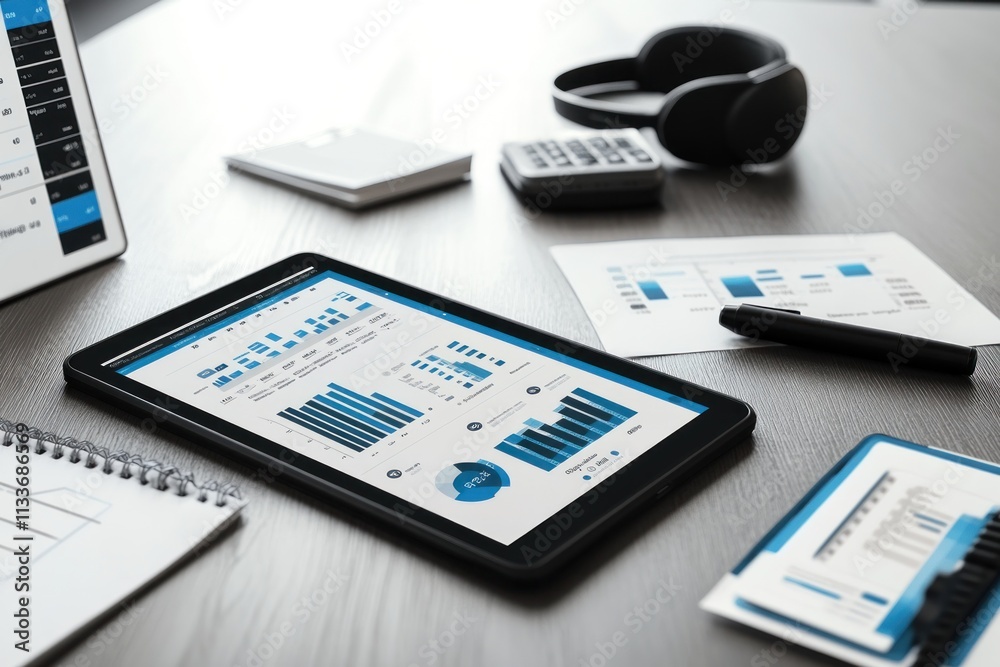 Poster tablet displaying graphs & charts on a desk with office supplies.