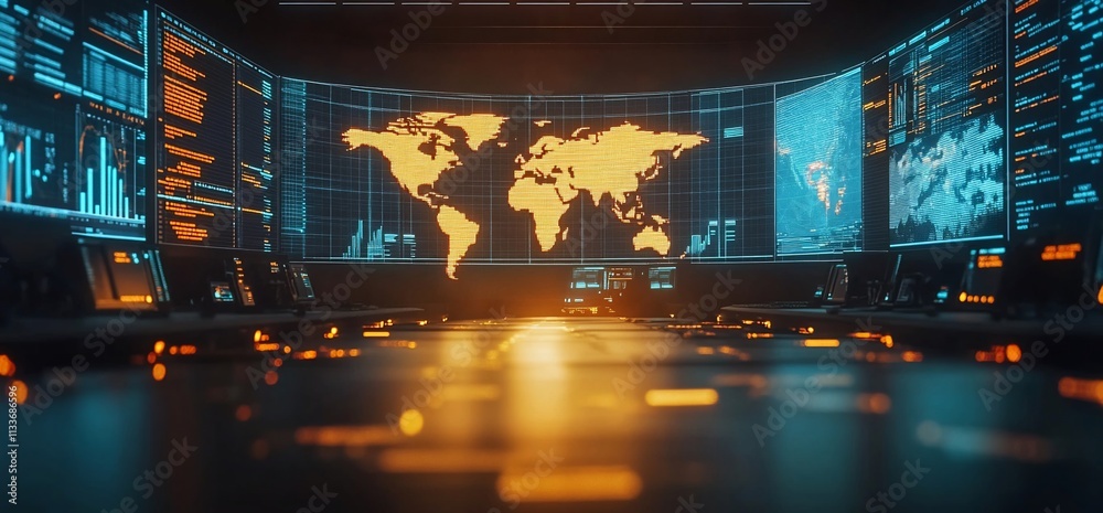 Aufkleber High-tech control room with a world map and data displays.