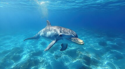 Obraz premium Dolphin swims in clear, blue ocean.