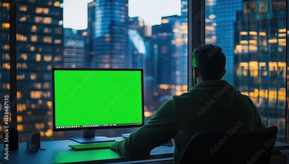 Poster Man working on computer with green screen, city view.