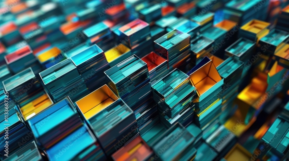 Poster colorful cubes are forming a complex and futuristic structure representing big data storage, cloud c
