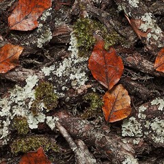 Ground Leaves on Mossy Moss Covered Branches Tree Roots, Hunting Camouflage Seamless Pattern Texture