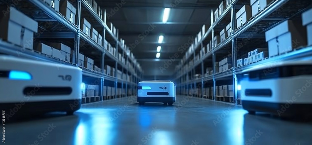 Aufkleber Robots navigating an organized warehouse filled with boxes.