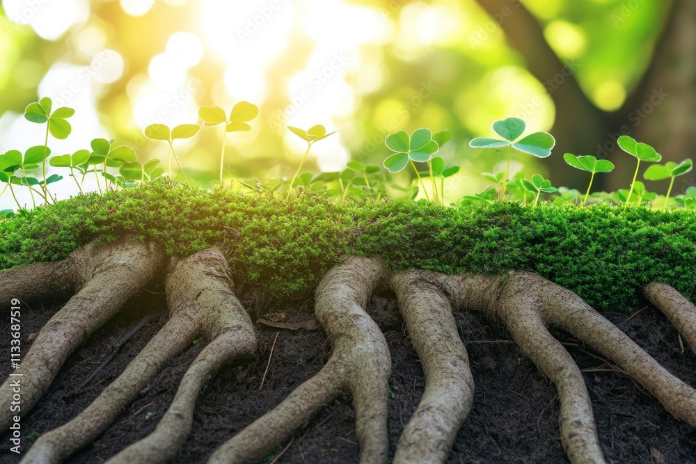 Poster lush green moss and clover sprouts growing from exposed tree roots in sunlight.