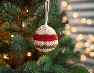 A red and white knitted Christmas ornament with a snowflake pattern hangs on a Christmas tree with twinkling lights in the background.