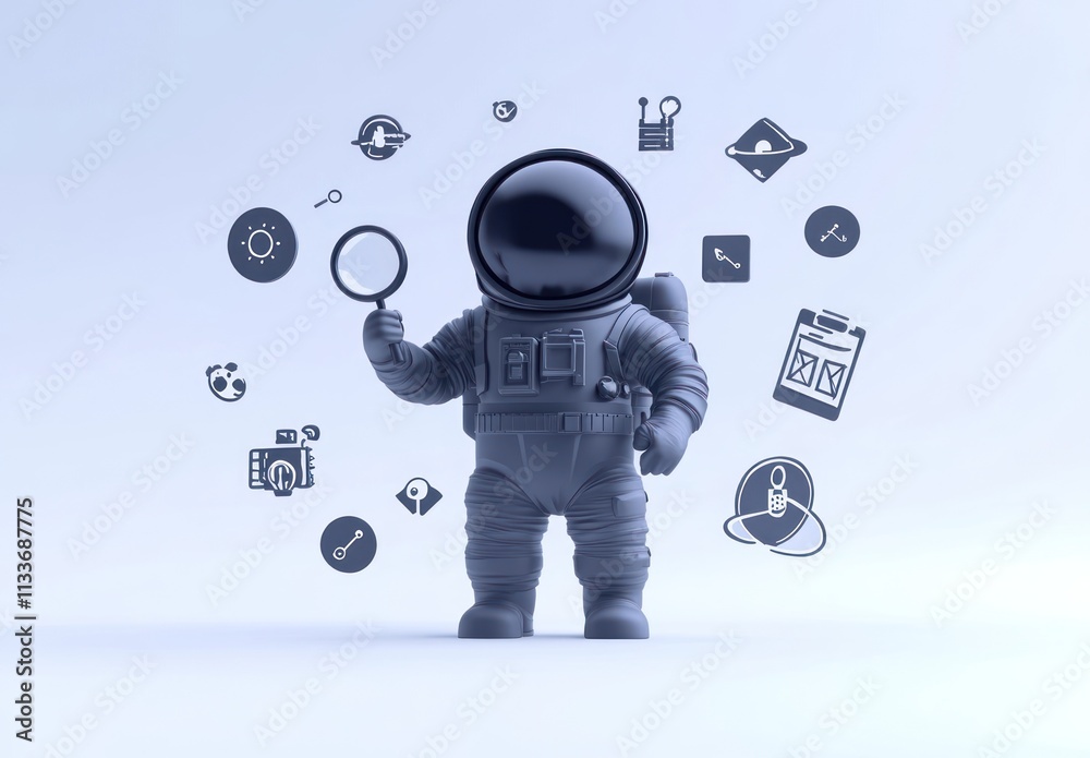 Poster Astronaut exploring data with magnifying glass and icons.