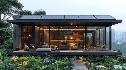 Stylish urban apartment rooftop solar panel shade structure offering lounge seating and panoramic city views