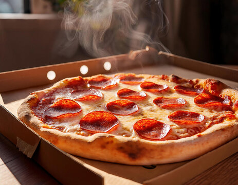 A pepperoni pizza with melted cheese is served in a cardboard delivery box at home