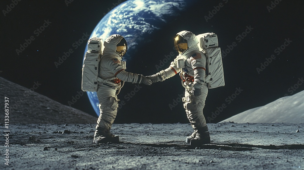 Poster two astronauts shake hands on the moon with earth in the background.