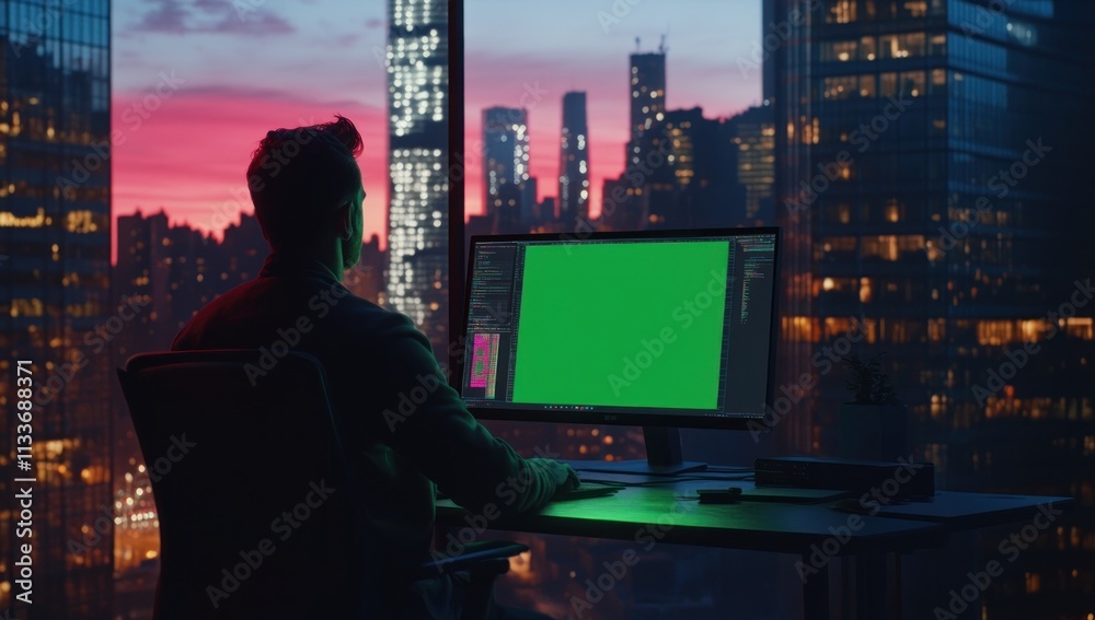 Poster Man working on computer with green screen, city view. (1)