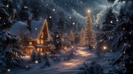 A picturesque snowy Christmas village at night, featuring a glowing Christmas tree, cozy cabins adorned with festive lights, and a peaceful winter atmosphere. AI-generated digital illustration.