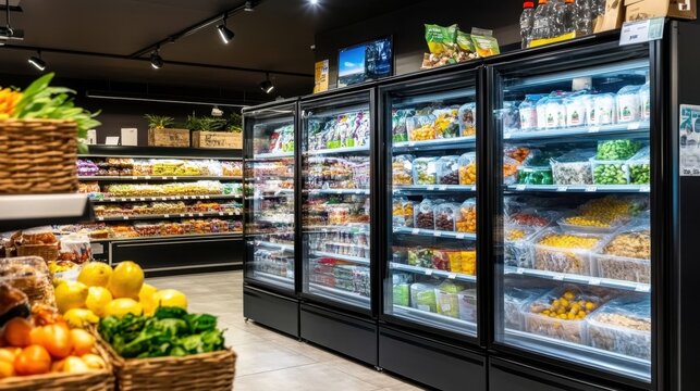 Experience the vibrant and organized layout of a modern retail store’s freezer area.