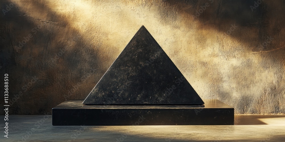 Poster dark pyramid on a platform against a textured wall.