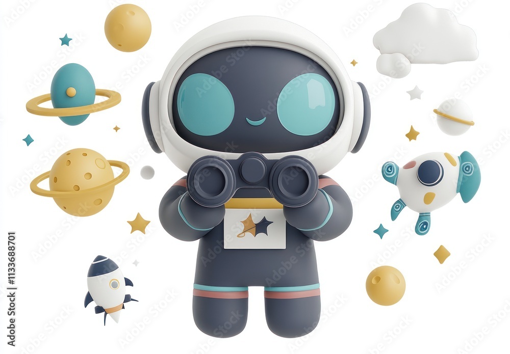 Poster cute astronaut robot exploring space with binoculars, planets, stars and rockets.