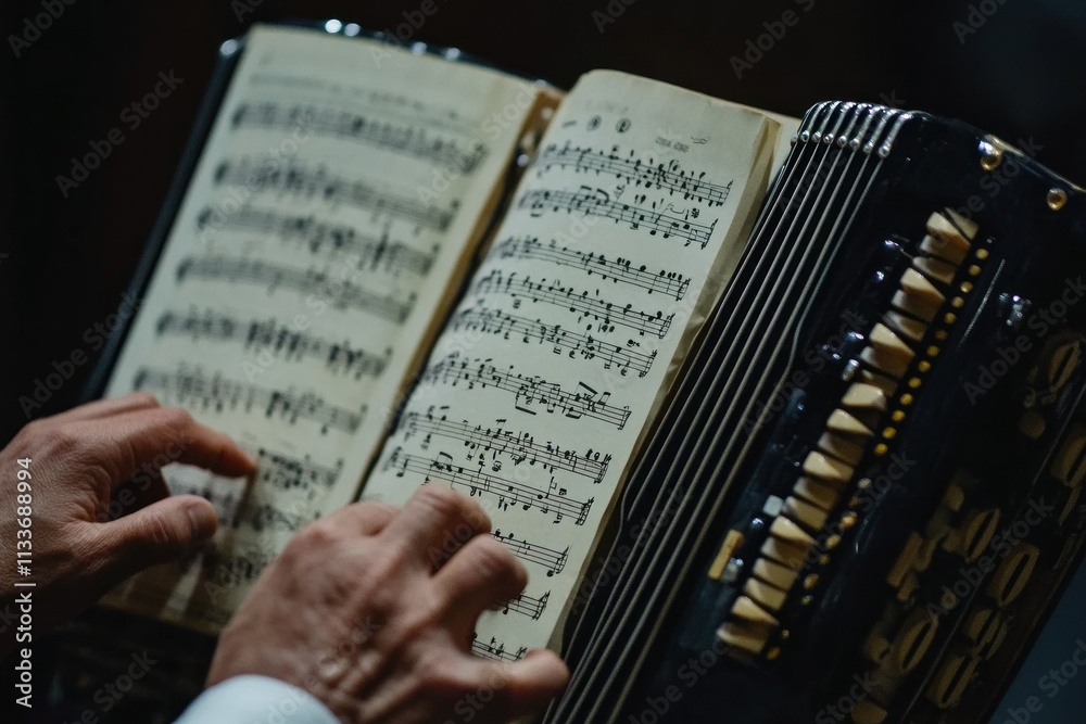 Aufkleber close-up of hands playing an accordion with sheet music.