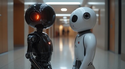 Two robots facing, hallway background.