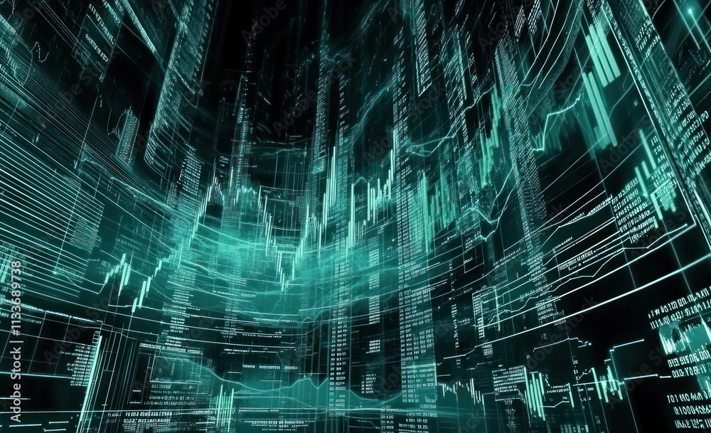 Aufkleber abstract teal digital data stream, futuristic technology background.