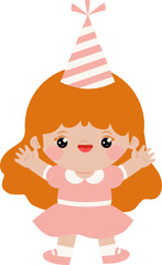 Fototapeta premium Cute kawaii girl cartoon illustration with party hat celebrating birthday new year wearing pink dress
