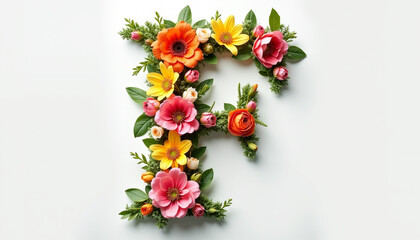 Letter F of the English alphabet, made entirely of colorful flowers