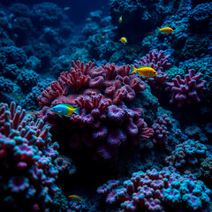 Fototapeta premium A vibrant reef filled with corals and colorful fish, shown in an extreme macro close-up, exhibiting rich burgundy and deep blue colors, sophisticated and elegant