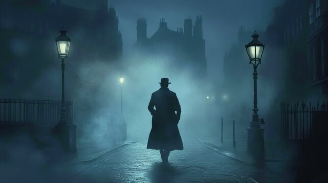 Moody illustration capturing the essence of a detective's journey through foggy streets of historical London. 