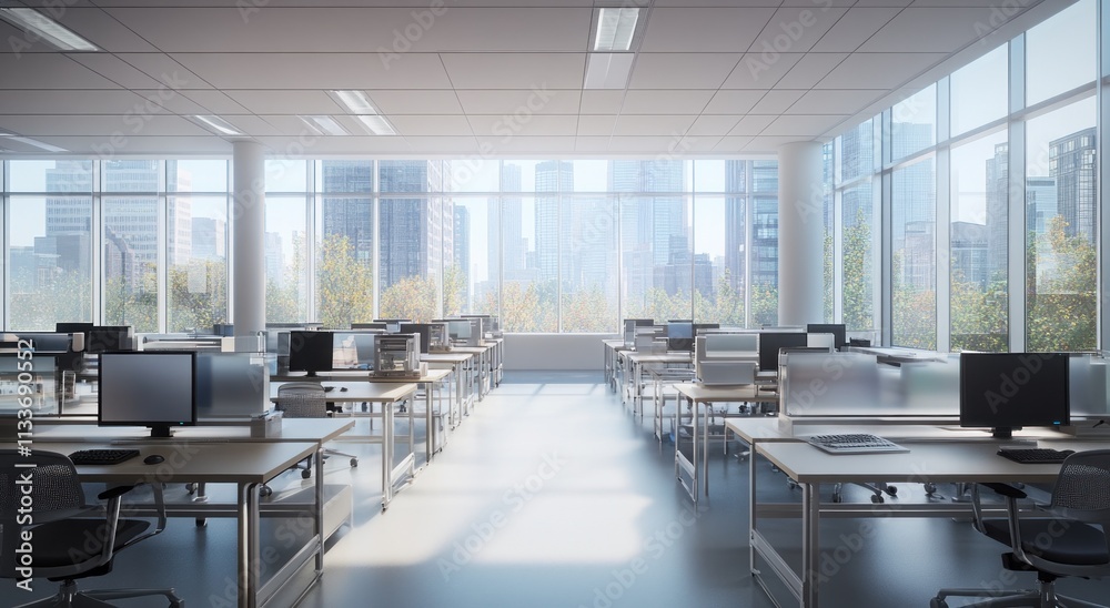 Poster modern, sunlit office space with city view, rows of desks and computers.