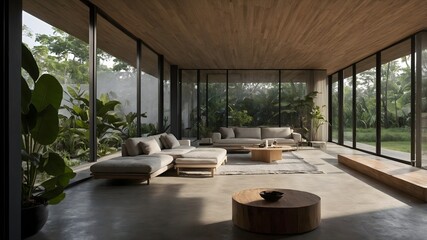 Fototapeta premium Luxury Hotel-Style Modern Wooden House with Scandinavian-Tropical Interiors, Featuring Minimalist Design, Natural Textures, and Sophisticated Comfort - Perfect for Stock Imagery Needs (AI-generated)