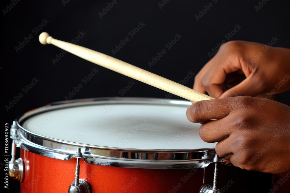 Poster close-up of hands playing a red snare drum with drumsticks.
