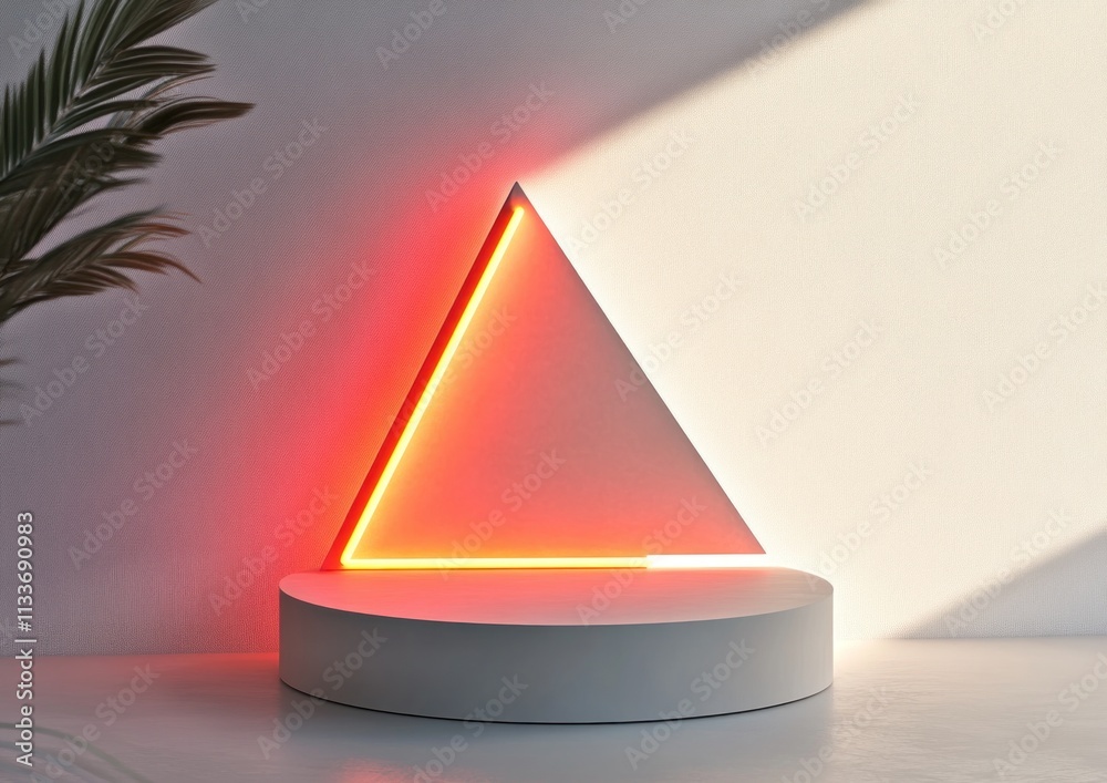 Poster Illuminated triangle on a white pedestal with sunlight and palm leaf.