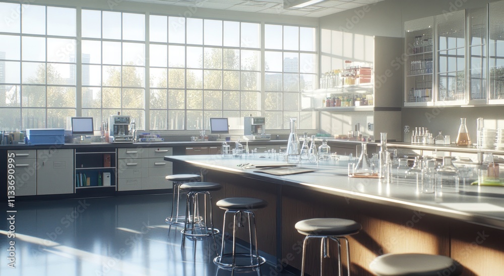 Poster sunlit modern laboratory with equipment and large windows.