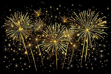 Golden fireworks explode; dark background.