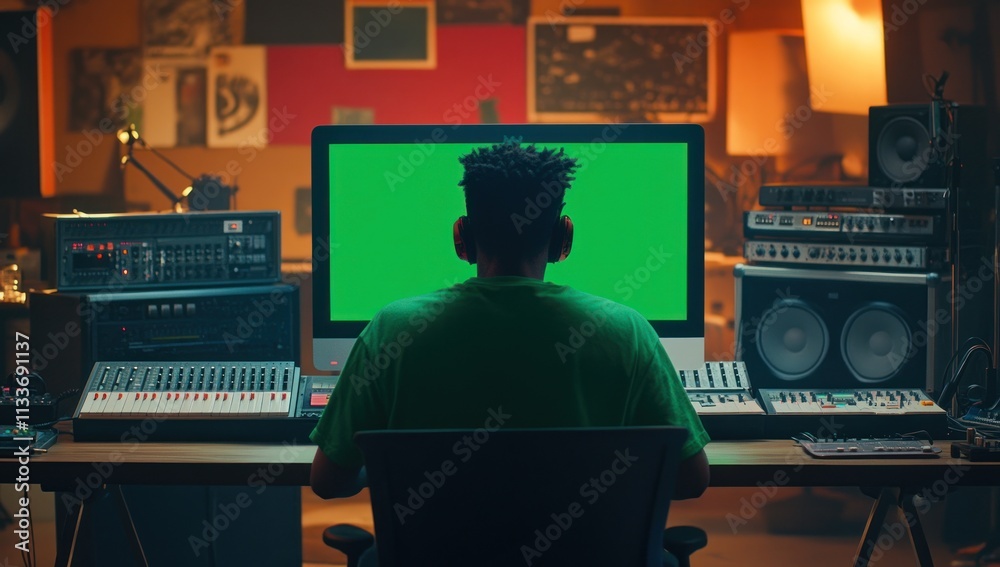 Poster man with headphones facing green screen computer in music studio.